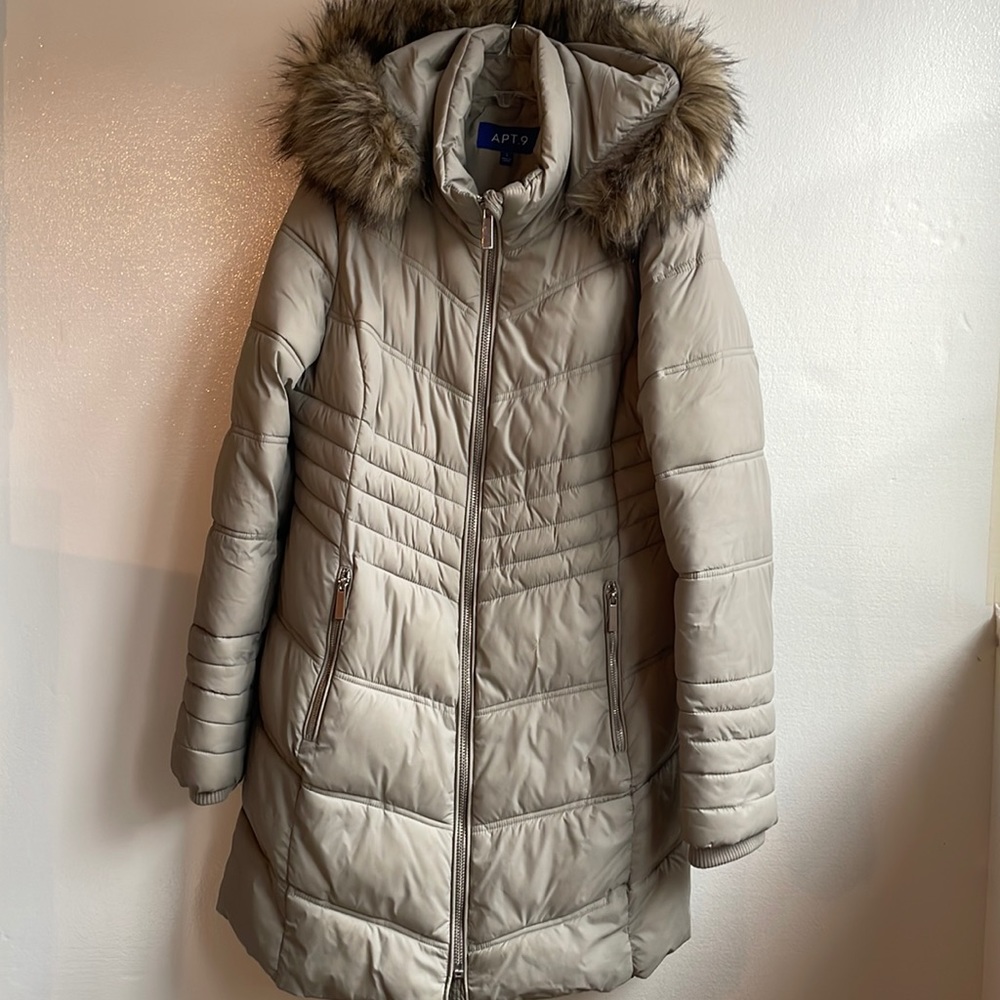 Apt. 9 faux fur trimmed hooded zip front long puffer coat size small